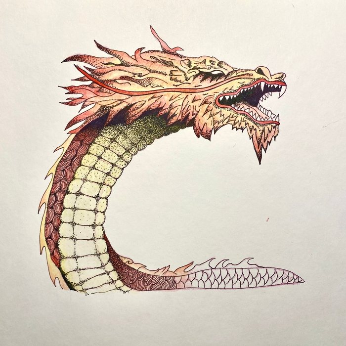 Ink and colored dragon drawing by Jizel