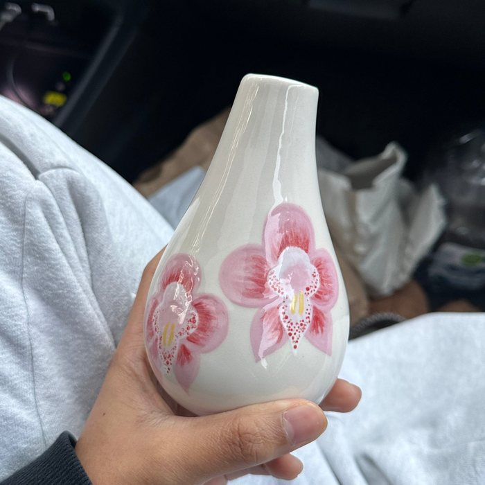 White ceramic bud vase hand-painted with pink orchids